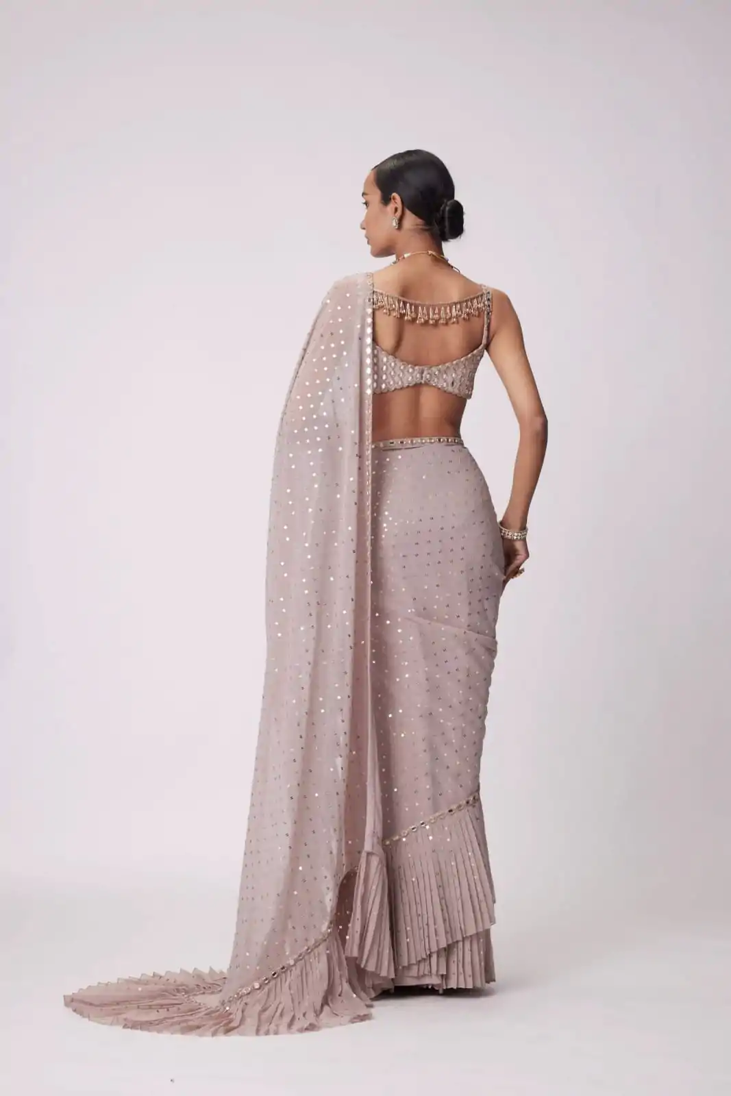 Light Peach Faux Georgette Sequence Saree - Image 2