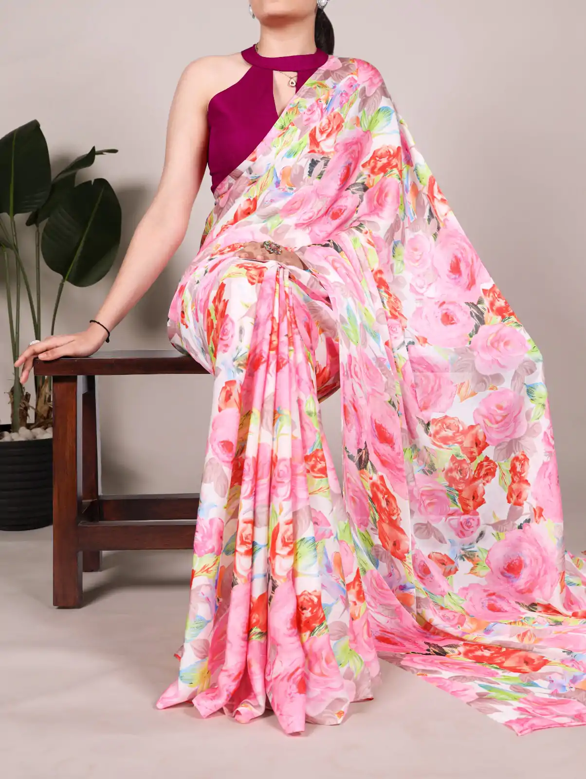 Light Pink Dull Satin Printed Saree