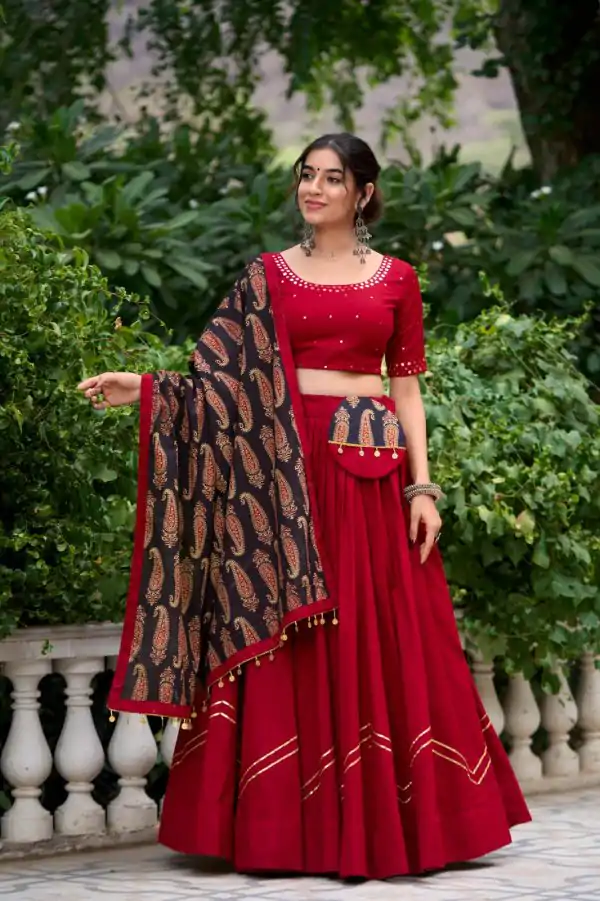 Maroon Cotton Plain Lehenga Choli