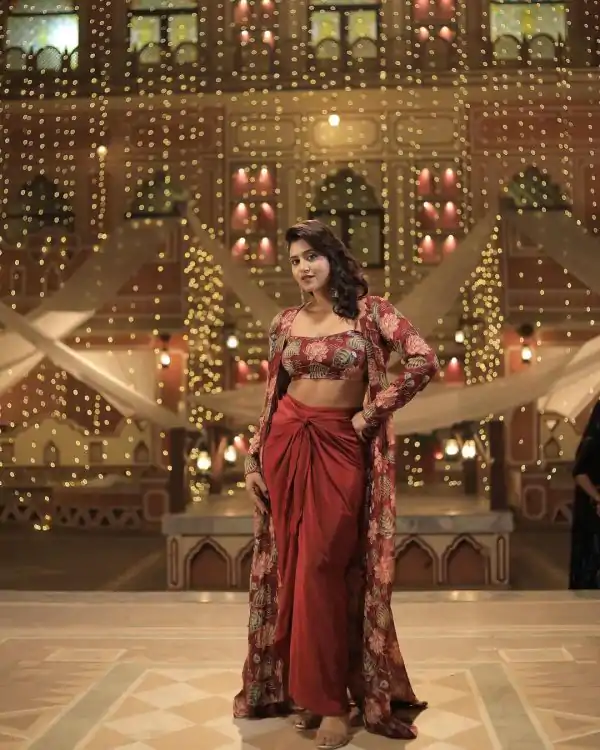 Maroon Crape Printed Shrug Suit
