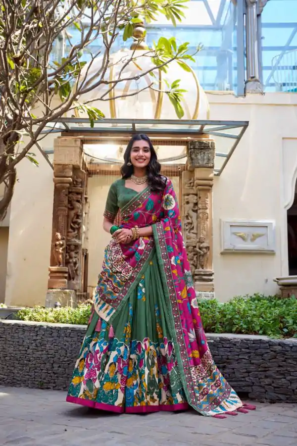 Mehendi Silk Kalamkari Lehenga Choli