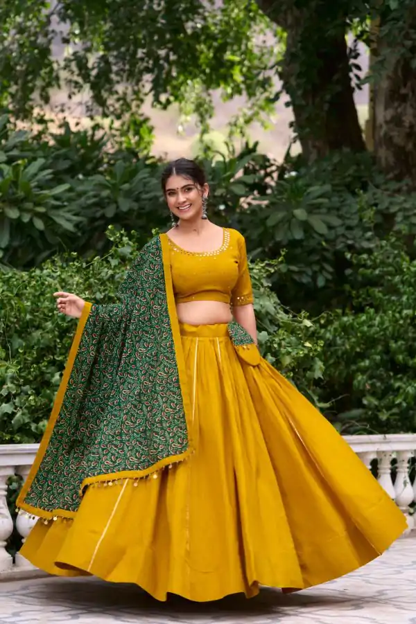 Mustard Cotton Plain Lehenga Choli