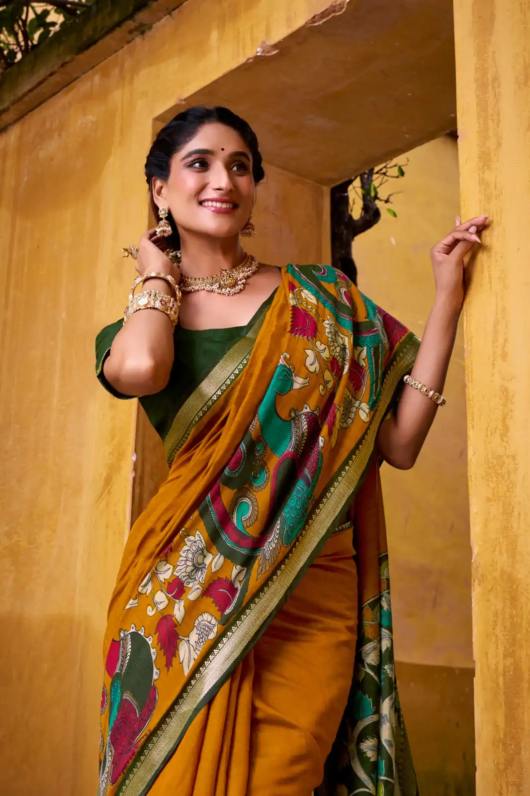 Mustard Polyester Kalamkari Saree - Image 3