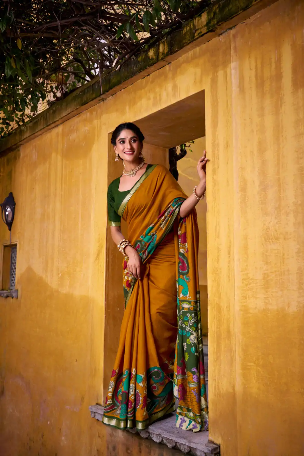 Mustard Polyester Kalamkari Saree - Image 2
