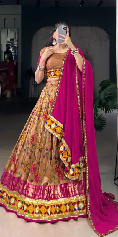 Mustard Tasar Silk Printed Foil Lehenga Choli
