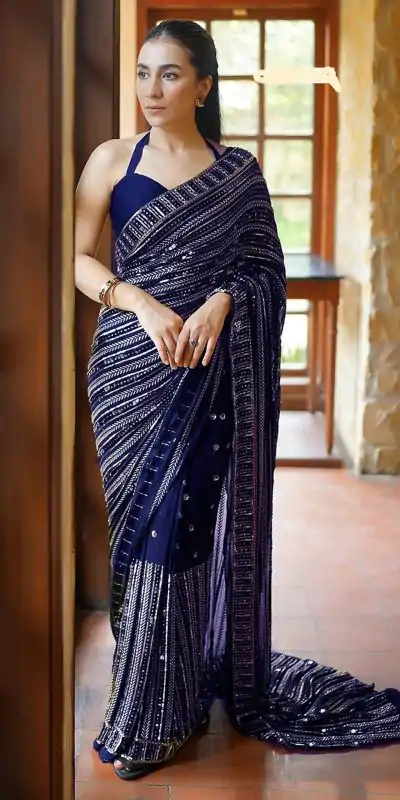 Navy Blue Georgette Embroidery Work Saree