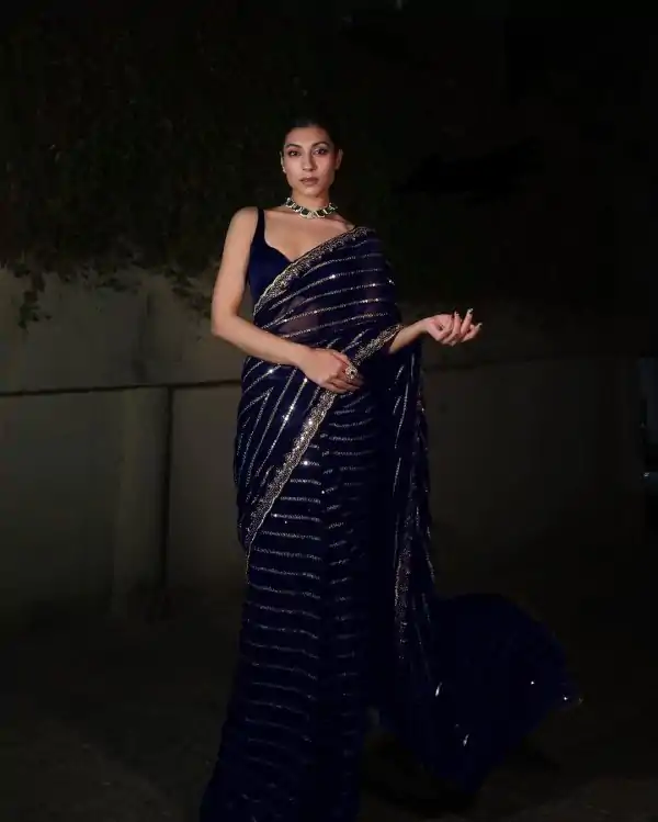 Navy Blue Georgette Embroidery Work Saree