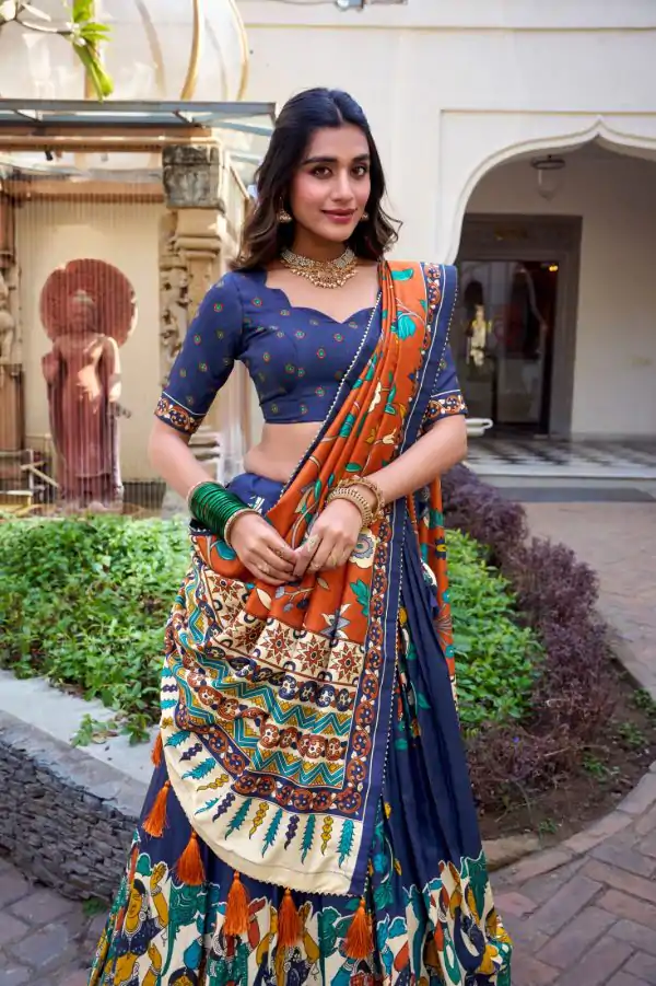 Navy Blue Silk Kalamkari Lehenga Choli