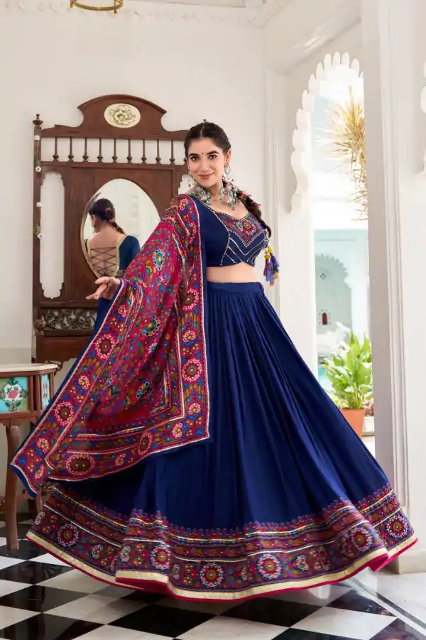 Navy blue Tasar Gamthi Print Work Lehenga Choli