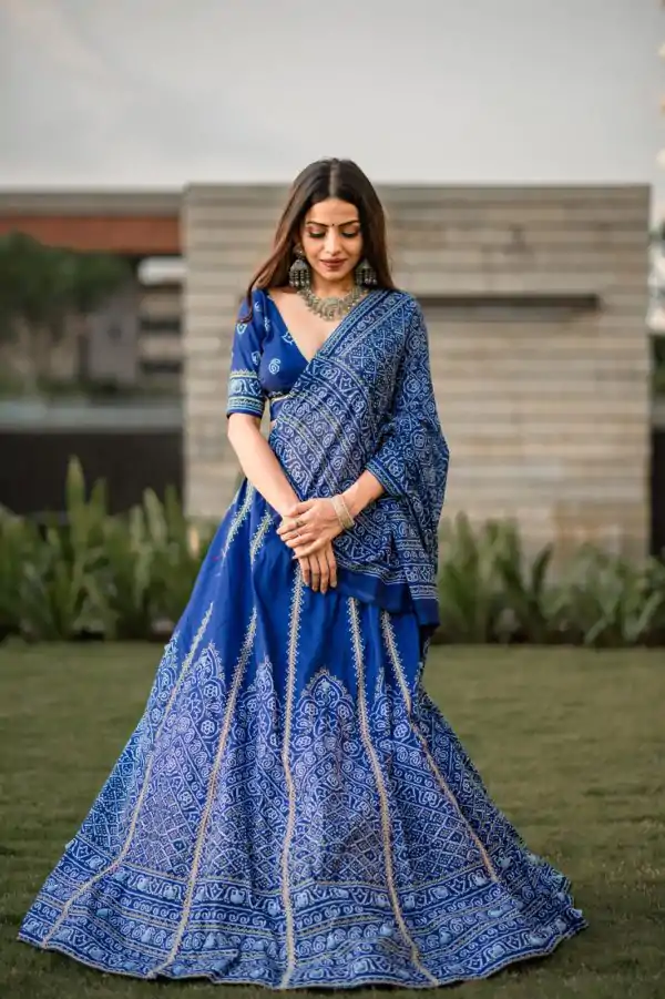 Navy Blue Vaishali Silk Printed Lehenga Choli