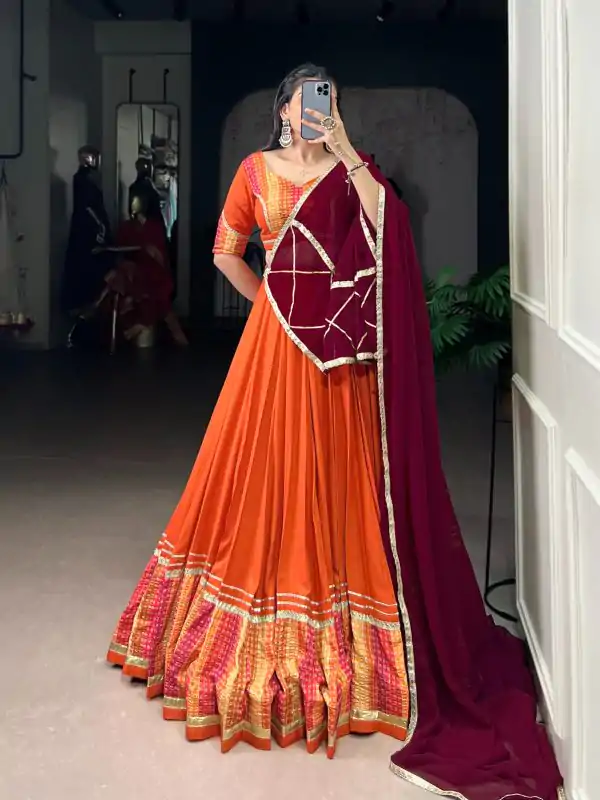 Orange Rayon Bandhej Print Lehenga Choli