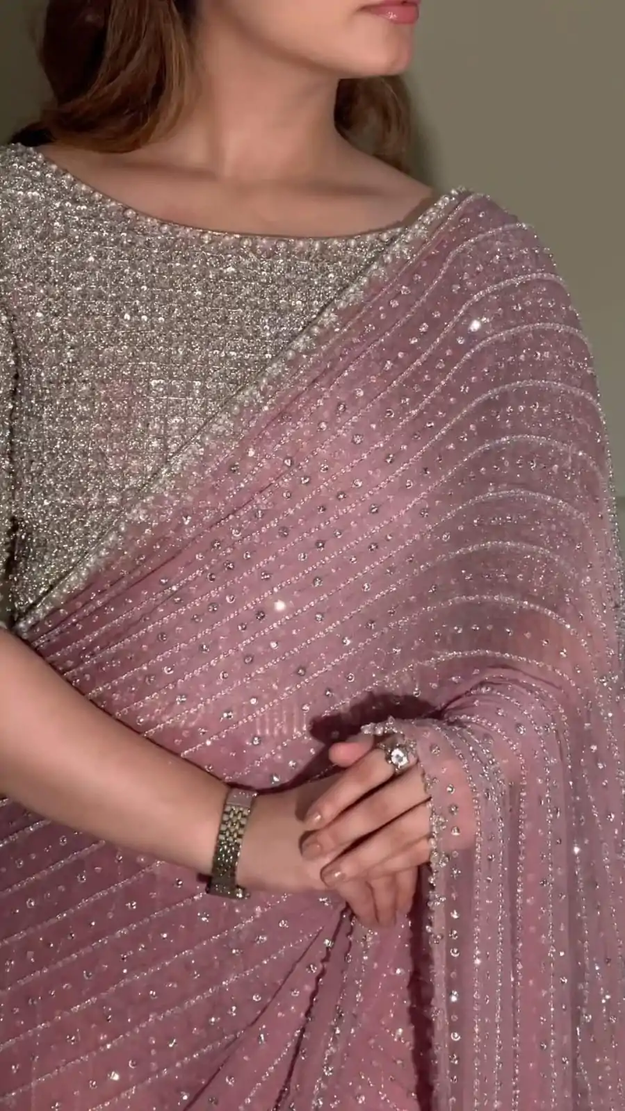 Pink Faux Georgette Sequence Saree - Image 3