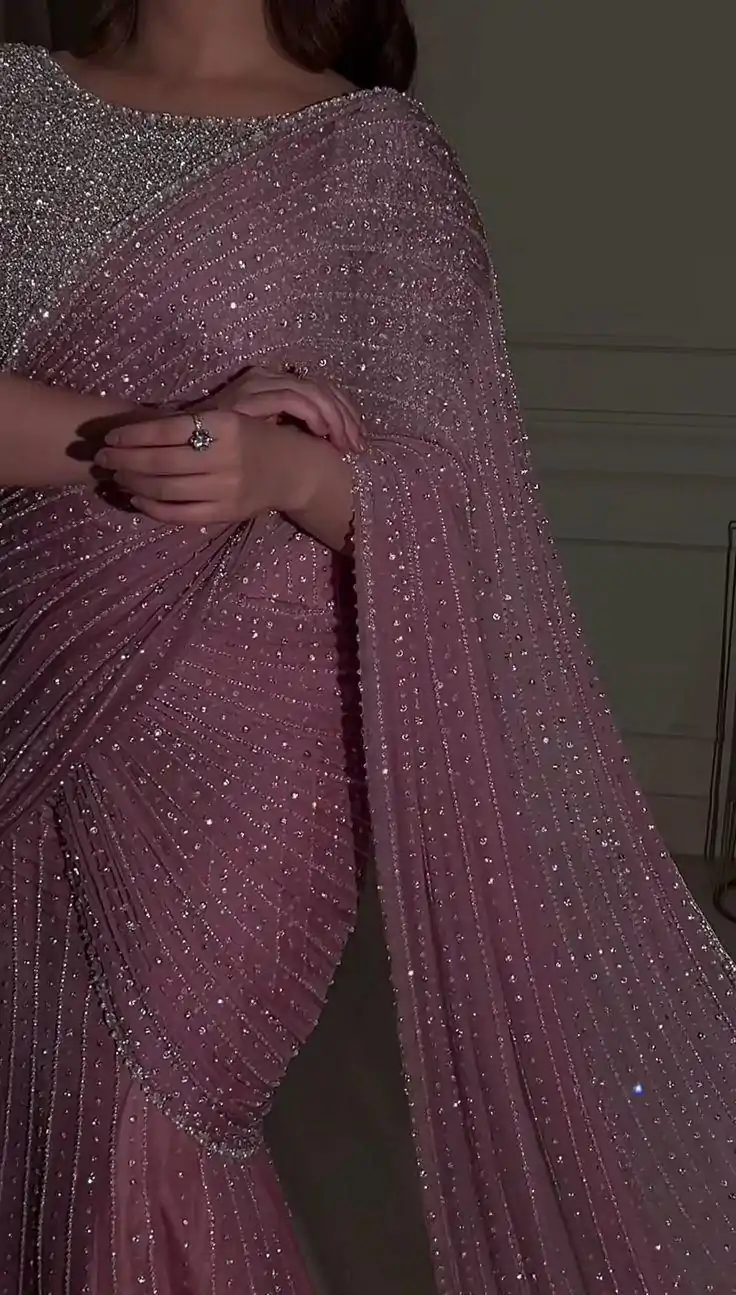 Pink Faux Georgette Sequence Saree - Image 4