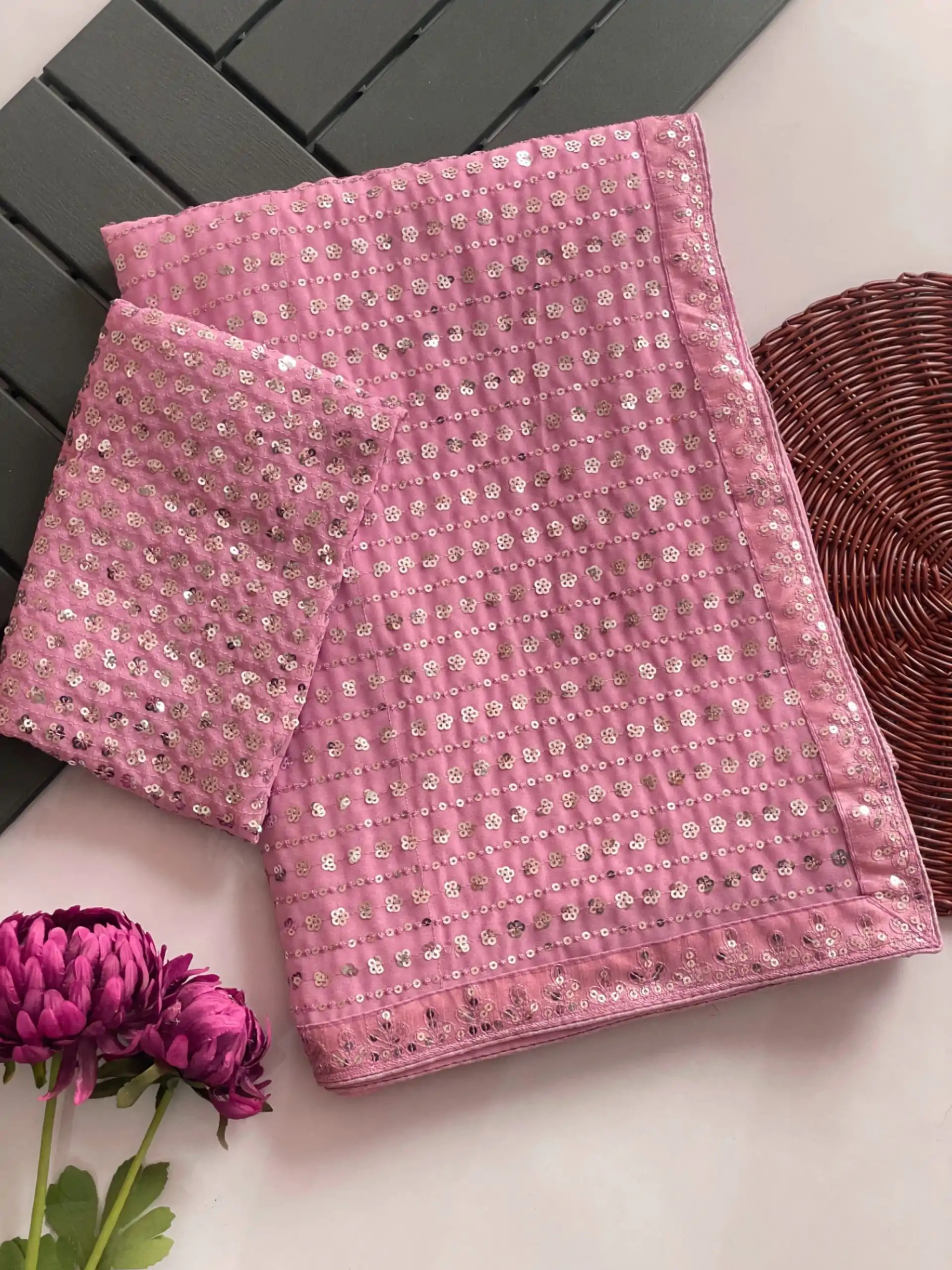 Pink Faux Georgette Sequence Saree - Image 5