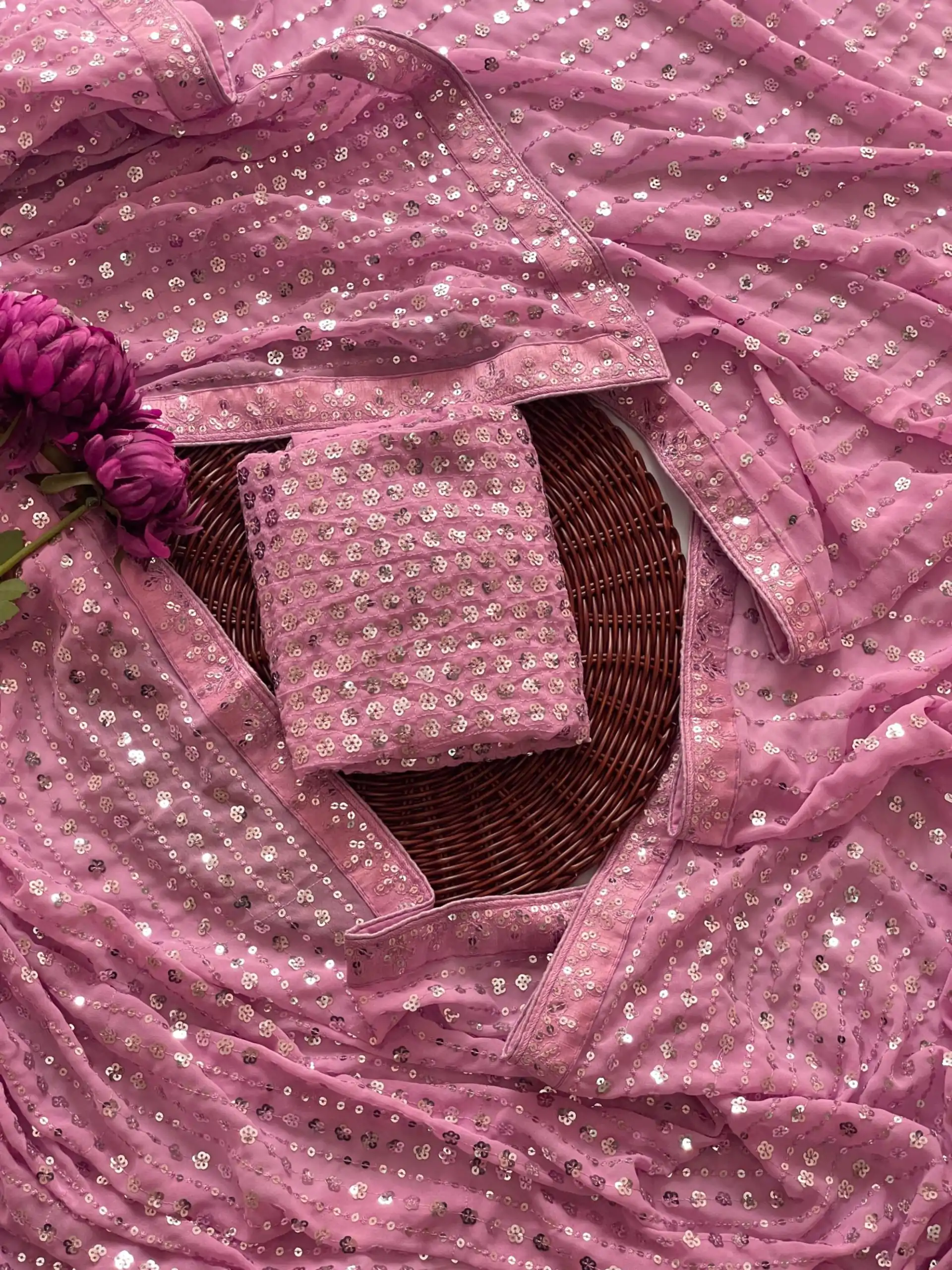 Pink Faux Georgette Sequence Saree - Image 2