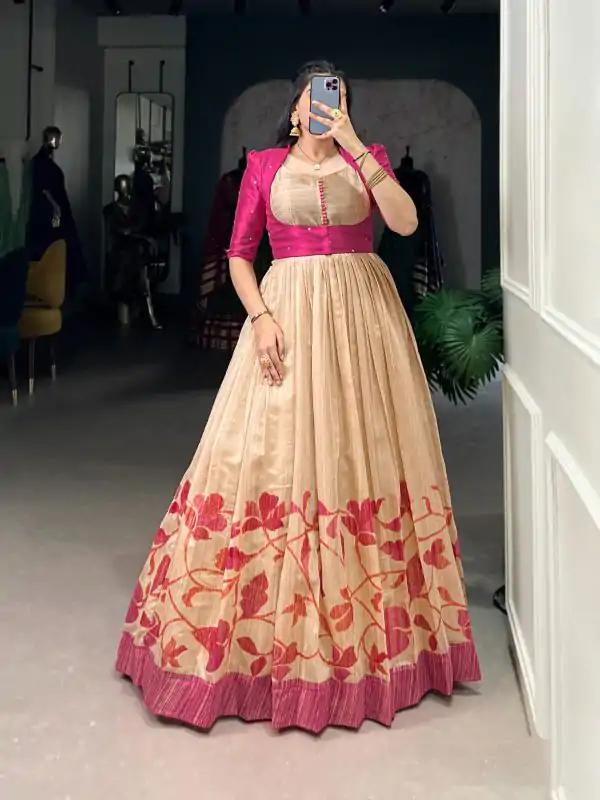 Pink Green Silk Printed Gown
