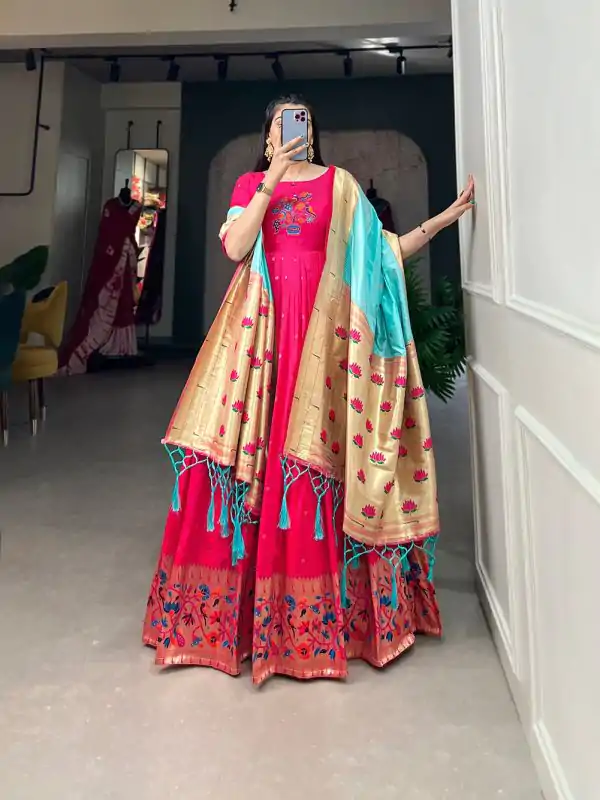 Pink Jacquard Silk Paithani Zari Gown