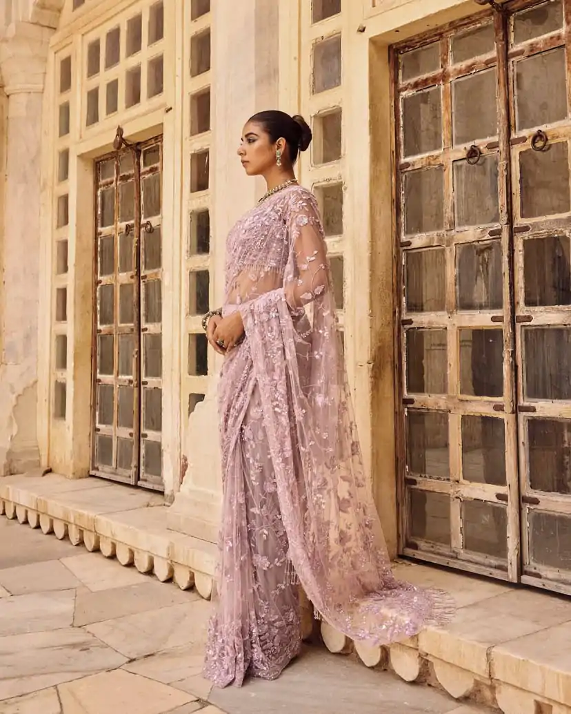 Pink Mono Net Sequins Saree - Image 3