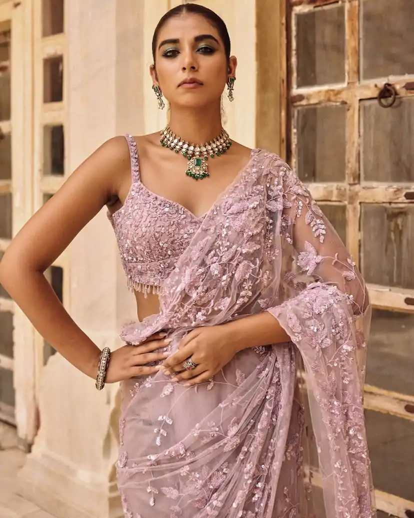 Pink Mono Net Sequins Saree - Image 5