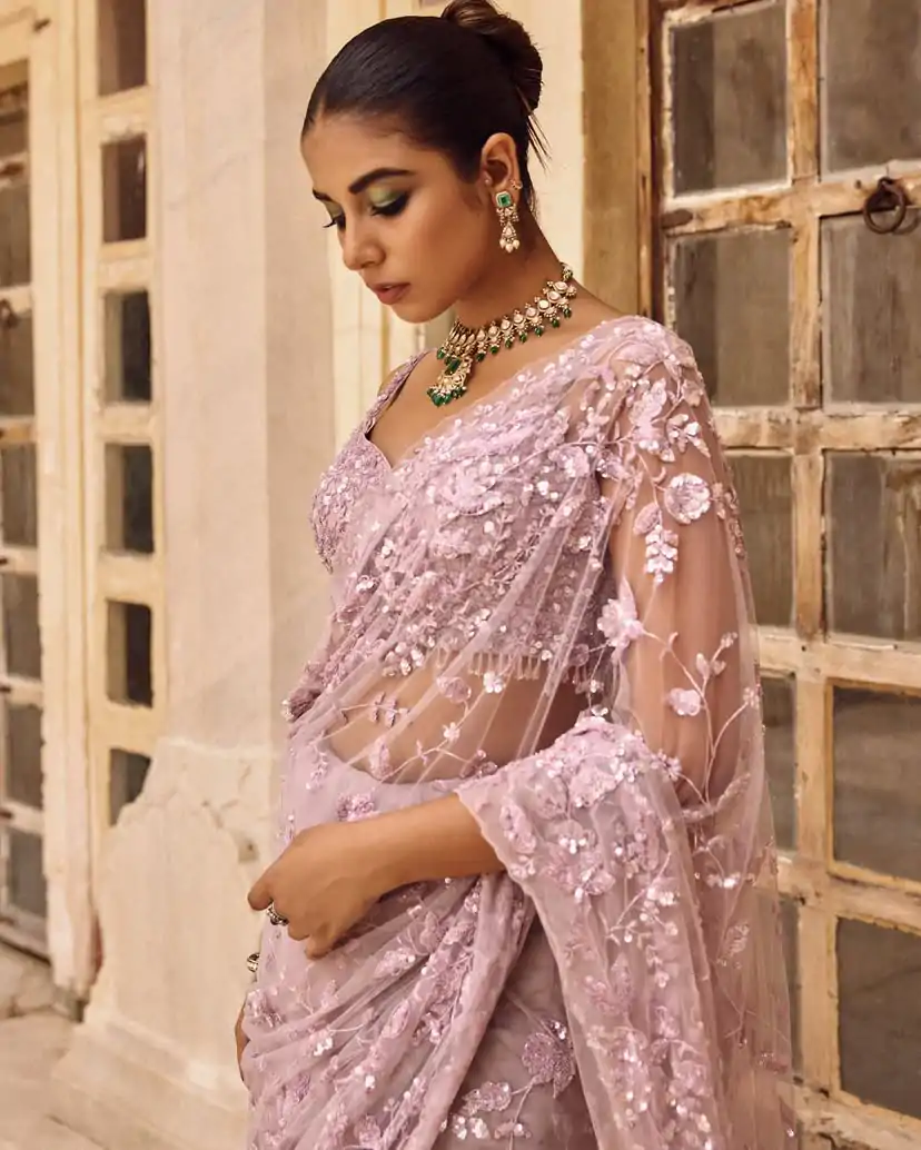 Pink Mono Net Sequins Saree - Image 2