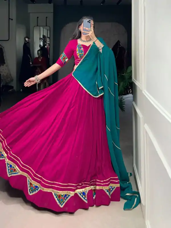 Pink Pure Rayon Mirror Gamthi Work Lehenga Choli