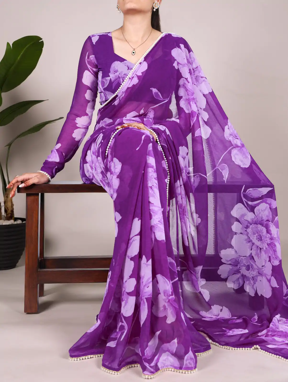 Purple Chiffon Printed Saree