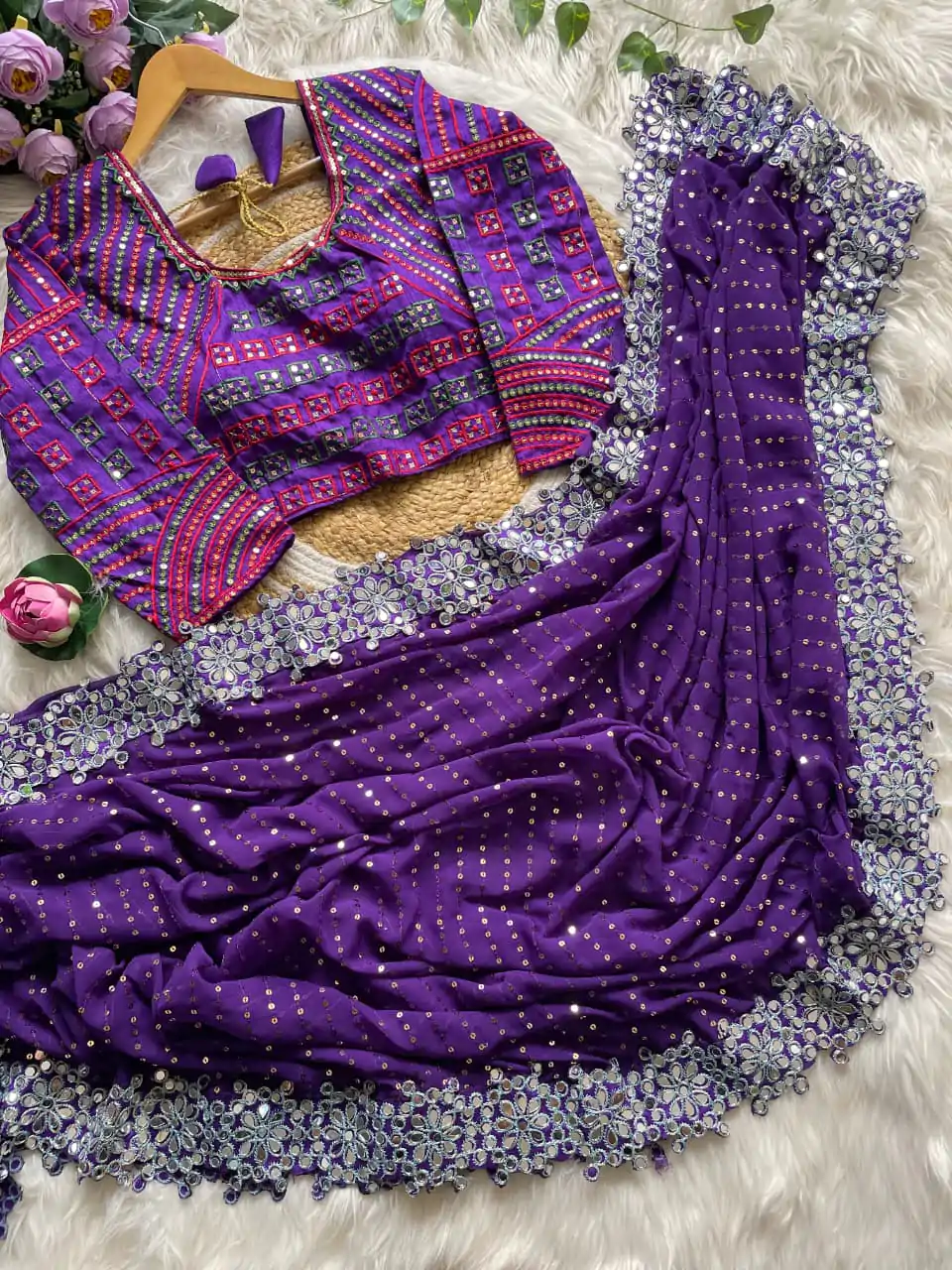 Purple Georgette Sequence Print Saree - Image 2