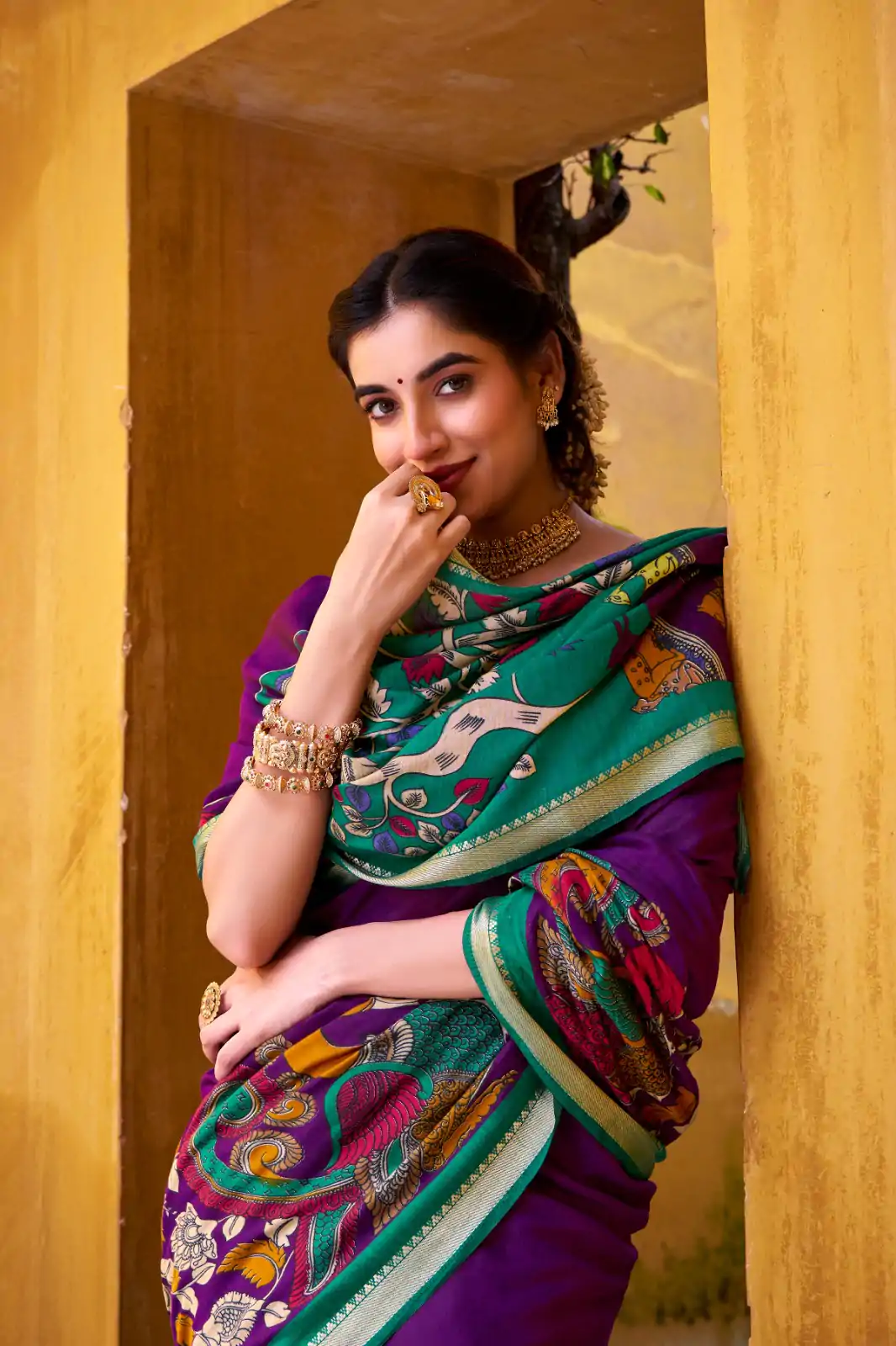 Purple Polyester Kalamkari Saree - Image 3