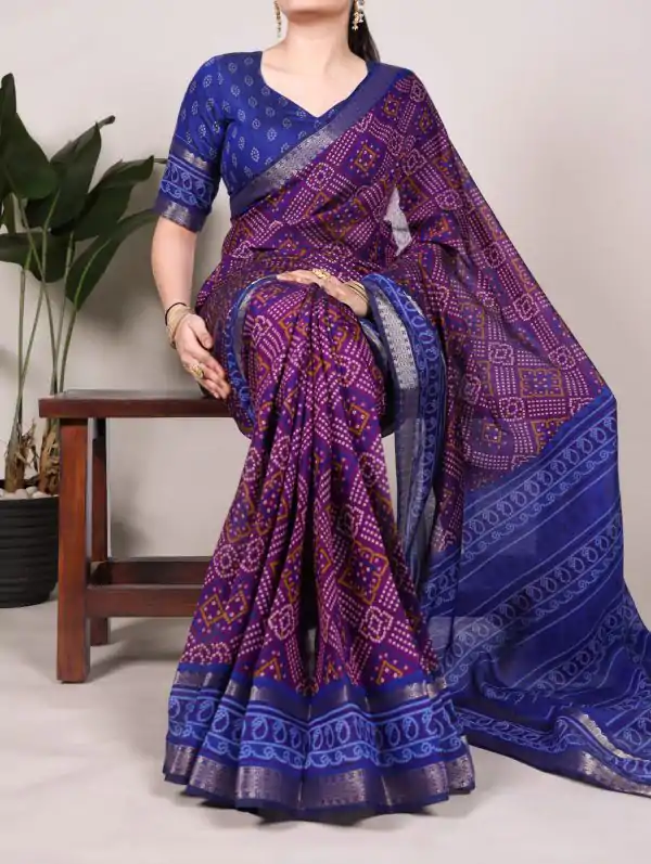 Purple Polyester Weaving Printed Saree