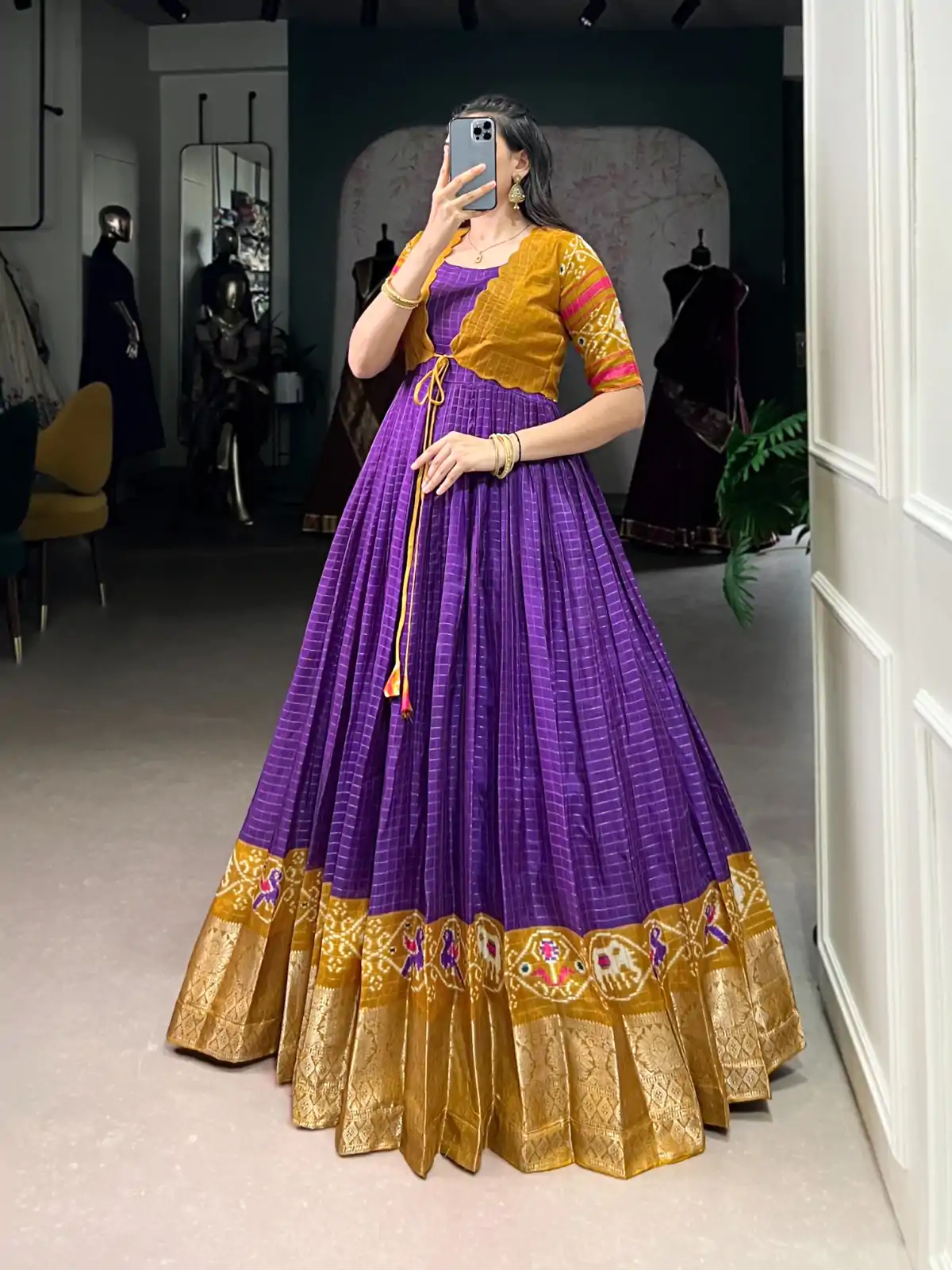 Purple Tasar Chex Patola Print Gown - Image 2