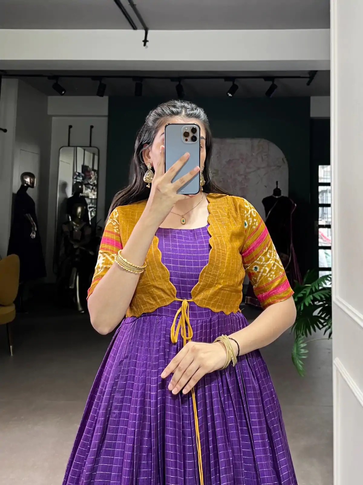 Purple Tasar Chex Patola Print Gown - Image 3