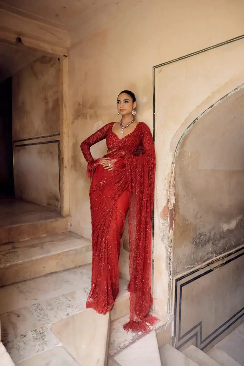 Red Faux Butterfly Net Sequence Saree - Image 3