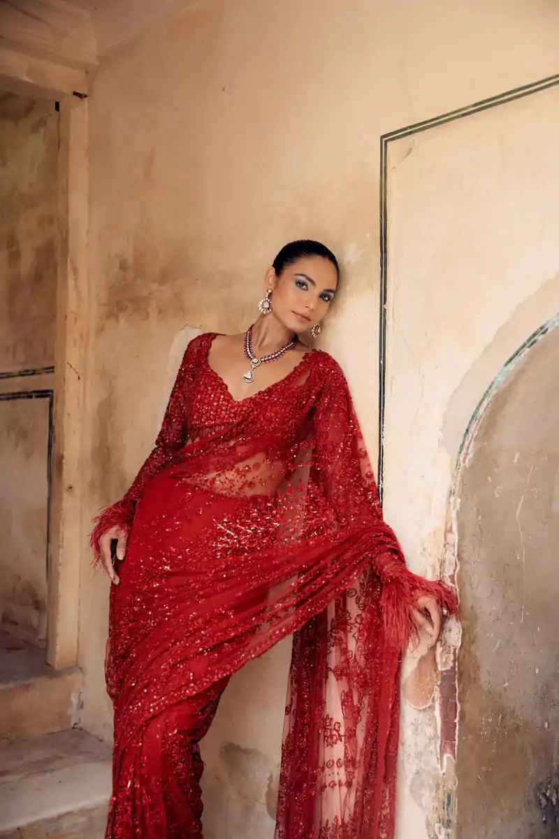 Red Faux Butterfly Net Sequence Saree - Image 4