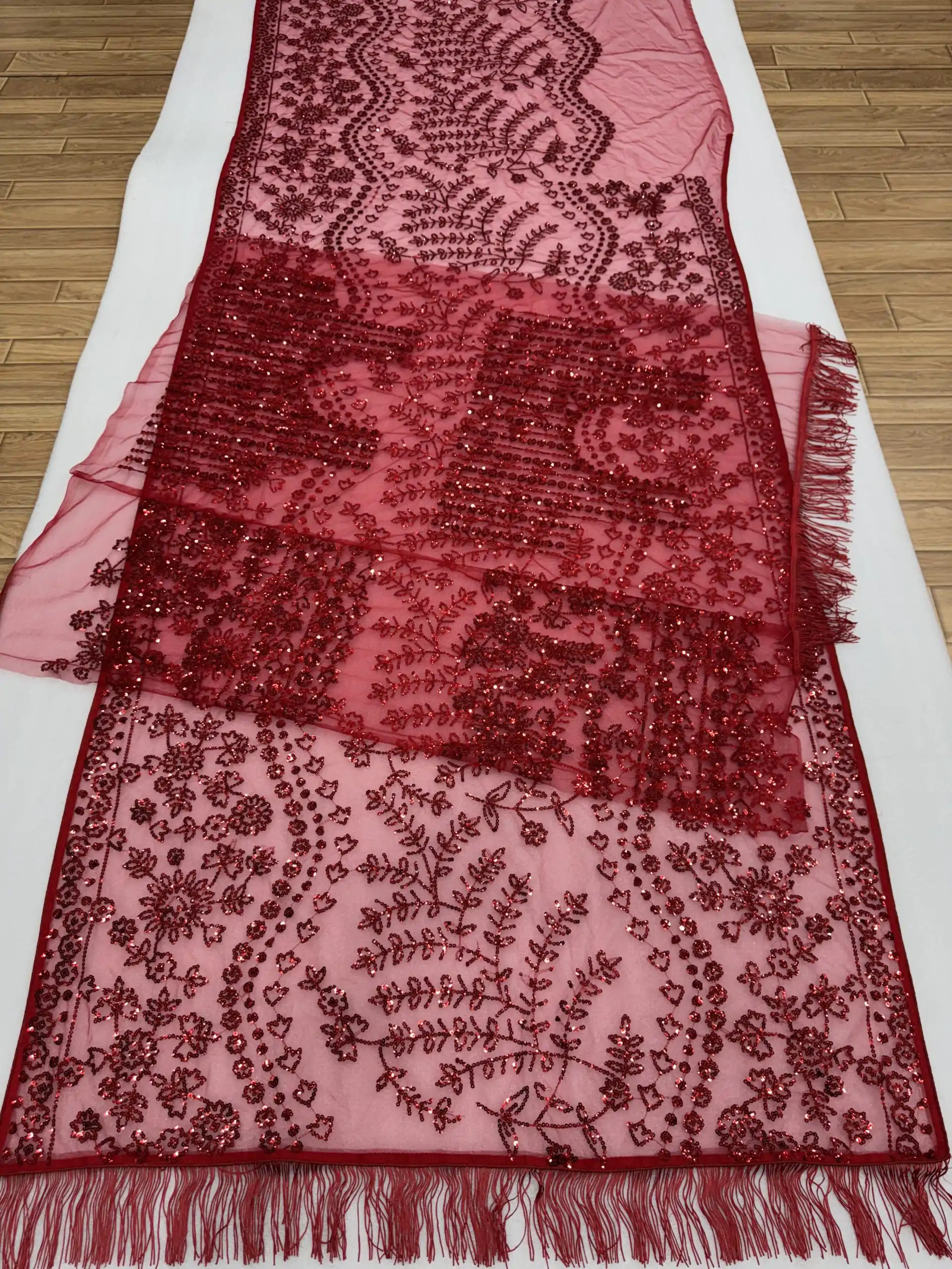 Red Faux Butterfly Net Sequence Saree - Image 2