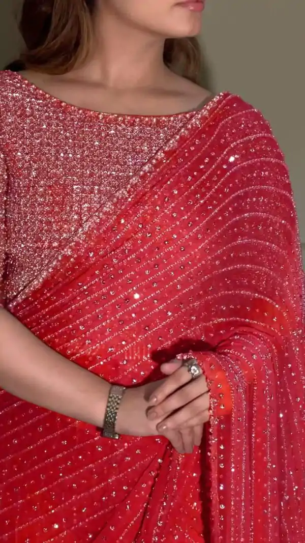 YNF 3452 -DF 3452 Red Color Georgette Sequins Multy Embroidery Work Saree Casual, Wedding, Festive, Events . Expected Delivery  4-6 Working Days @1799/- only                                                                                | Designer Sarees, Embroidered Sarees, Sarees, Bollywood Sarees, Creative Sarees, Ethnic Saree, Modern Digital sarees, Party Wear Sarees