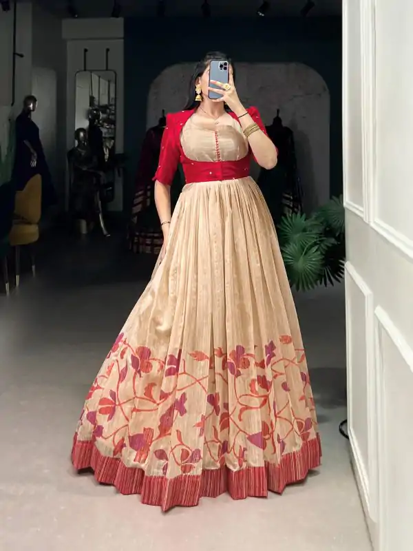 Red Green Silk Printed Gown