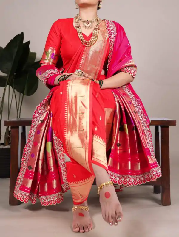 Red Jacquard Printed Zari Saree