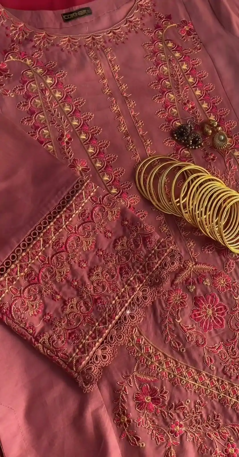 Red Roman Silk Embroidery Work Salwar Suit - Image 3
