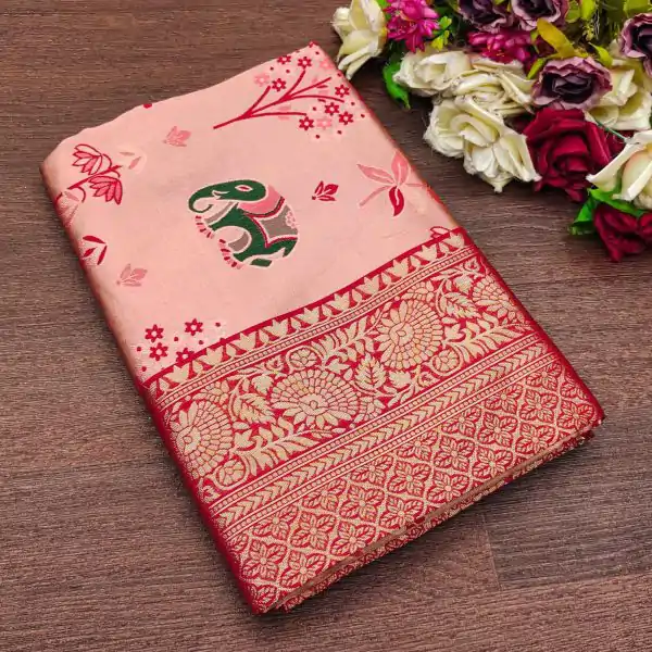 KP 6004 Red Soft Lichi Silk Jacquard Work With Designer Work Saree. Grab it for ₹1499. Delivery 4-6 Working Days. Shop now. | Designer Sarees, Embroidered Sarees, Sarees, Bollywood Sarees, Creative Sarees, Ethnic Saree, Modern Digital sarees, Party Wear Sarees