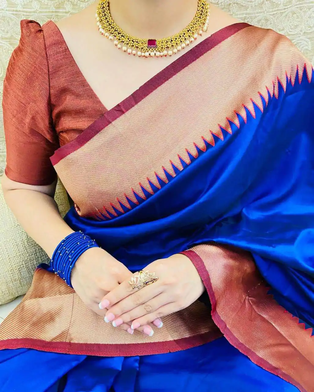 Royal Blue Soft Lichi Silk Jacquard Work Saree - Image 6