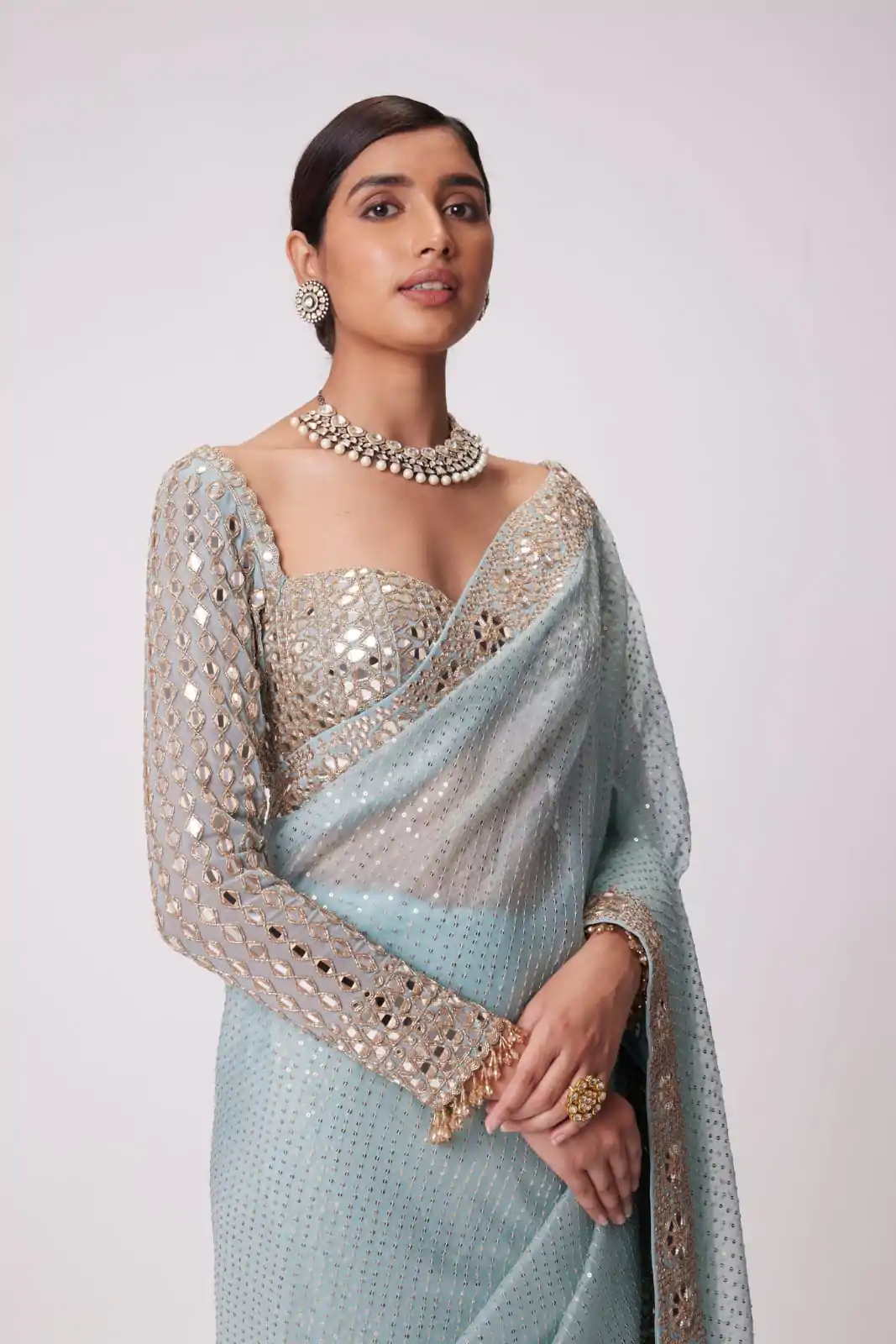 Sky Blue Georgette Sequins Saree - Image 3