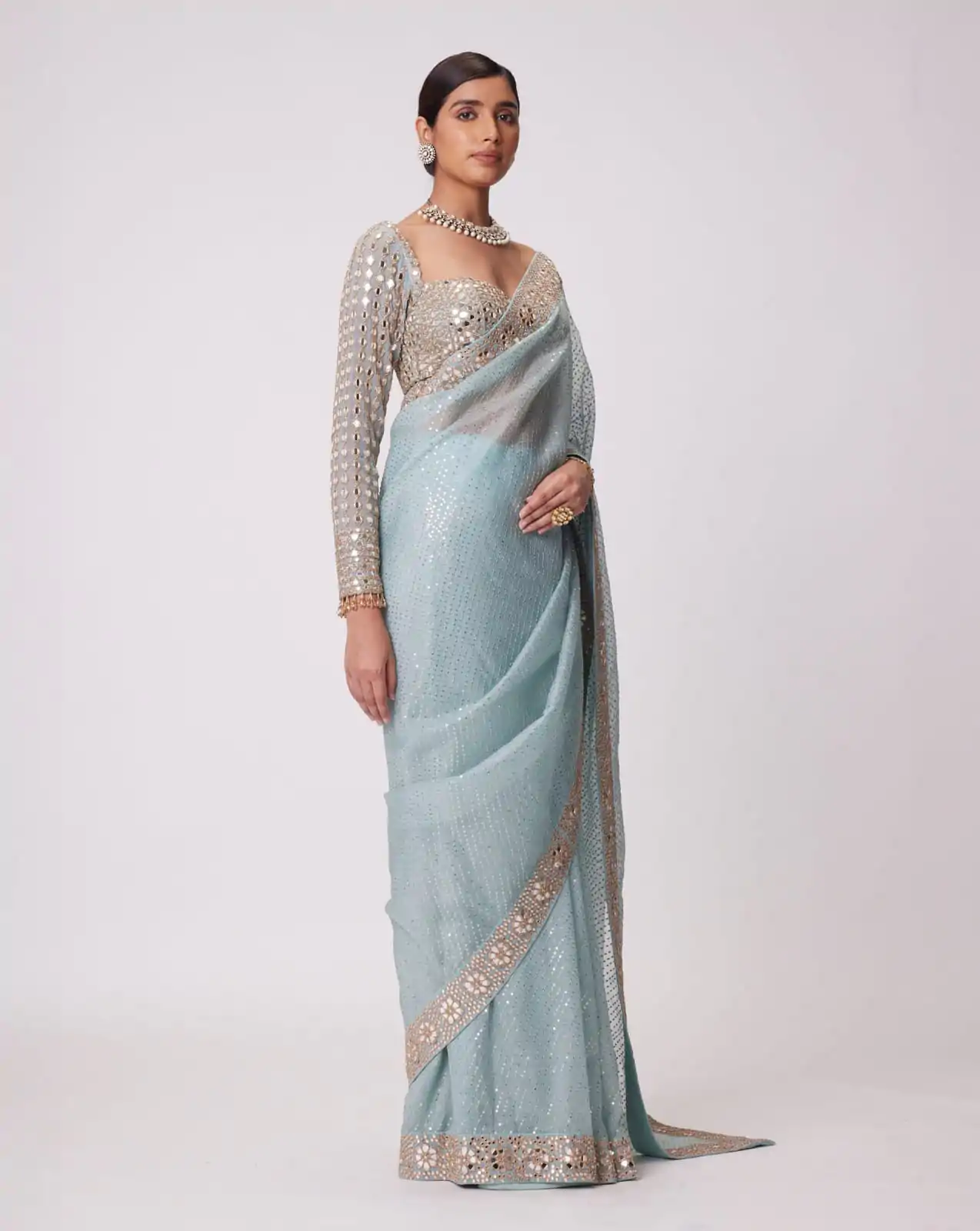 Sky Blue Georgette Sequins Saree - Image 2