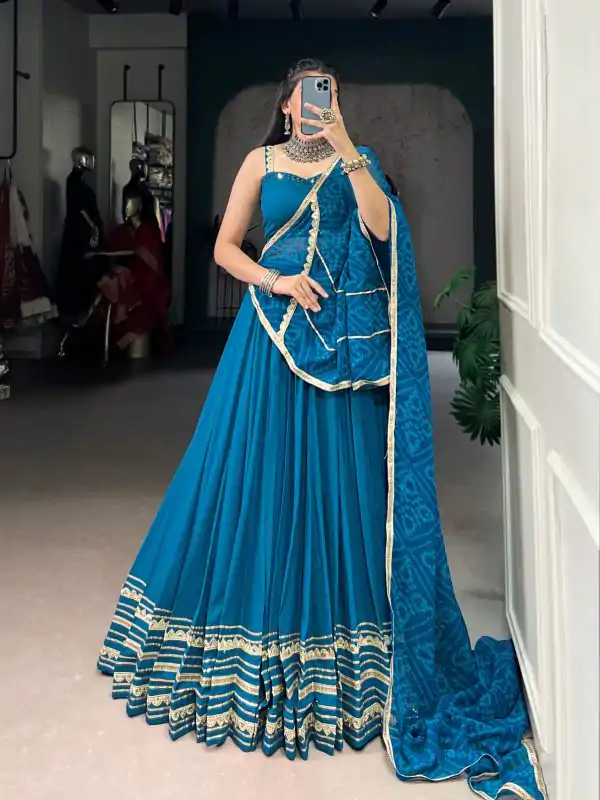 Teal Rayon Lace Lehenga Choli