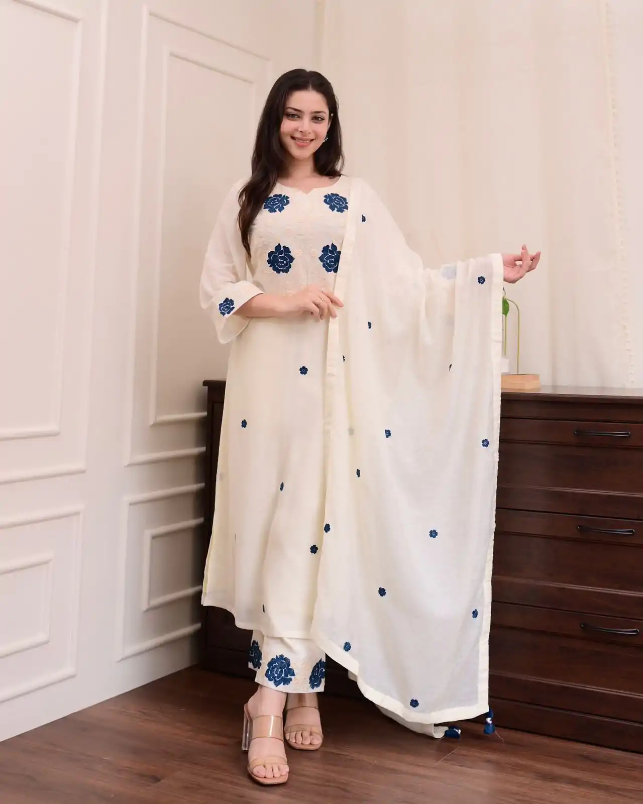 White Roman Silk Embroidery Salwar Suit