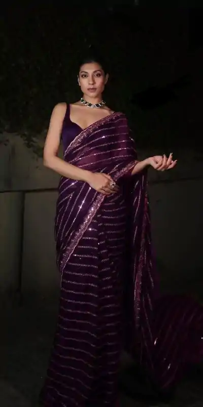 Wine Georgette Embroidery Work Saree