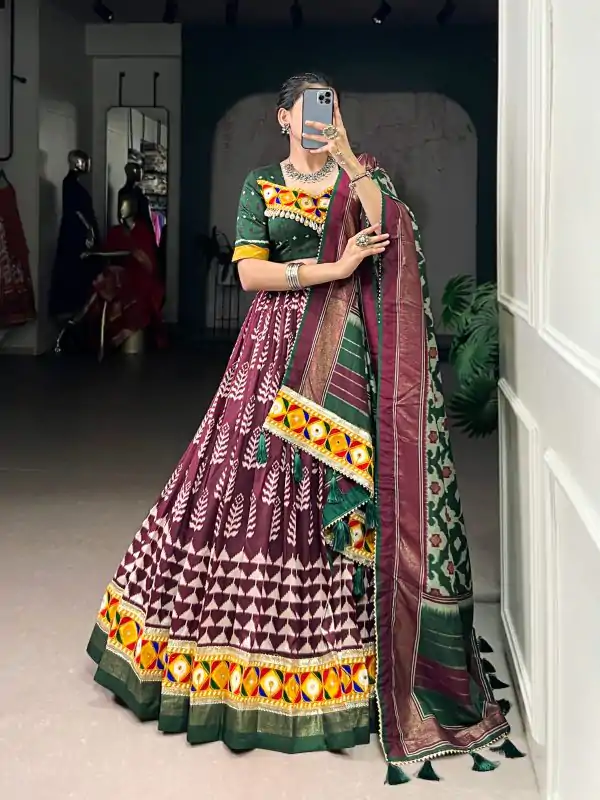 Wine Tassar Gamthi Work Lehenga Choli