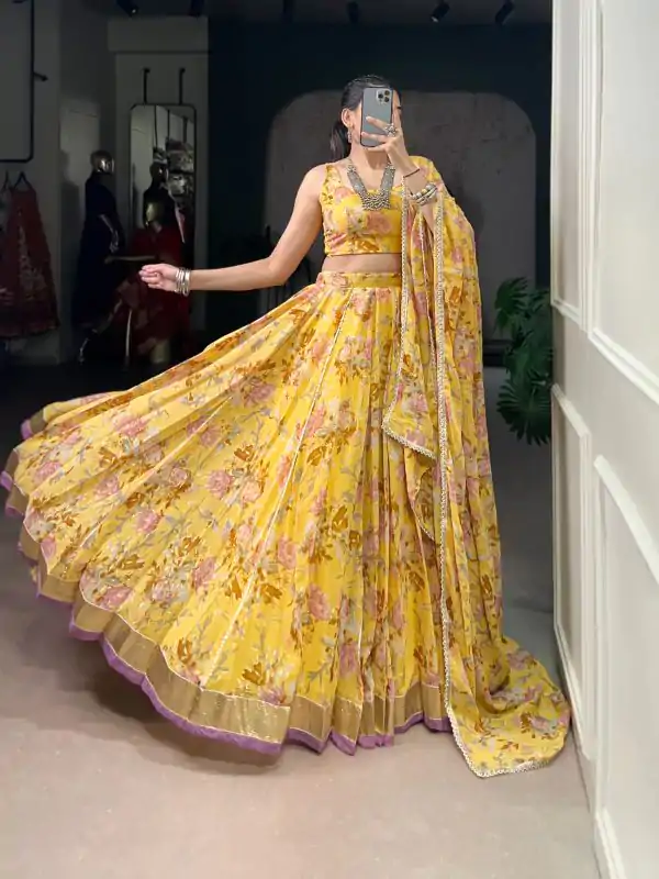 Yellow Chiffon Embossed Lehenga Choli