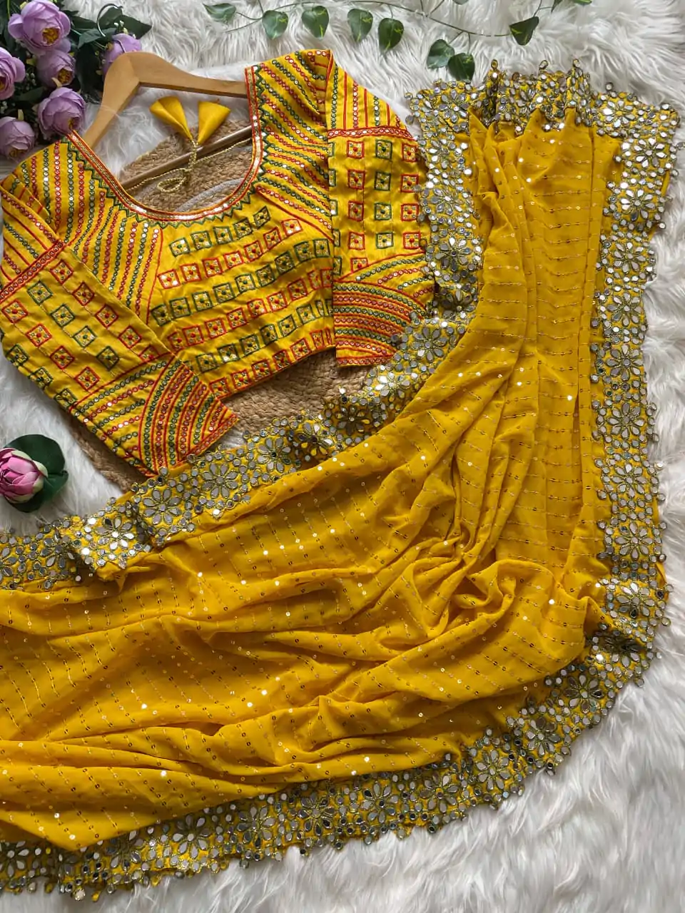 Yellow Georgette Sequence Print Saree - Image 2