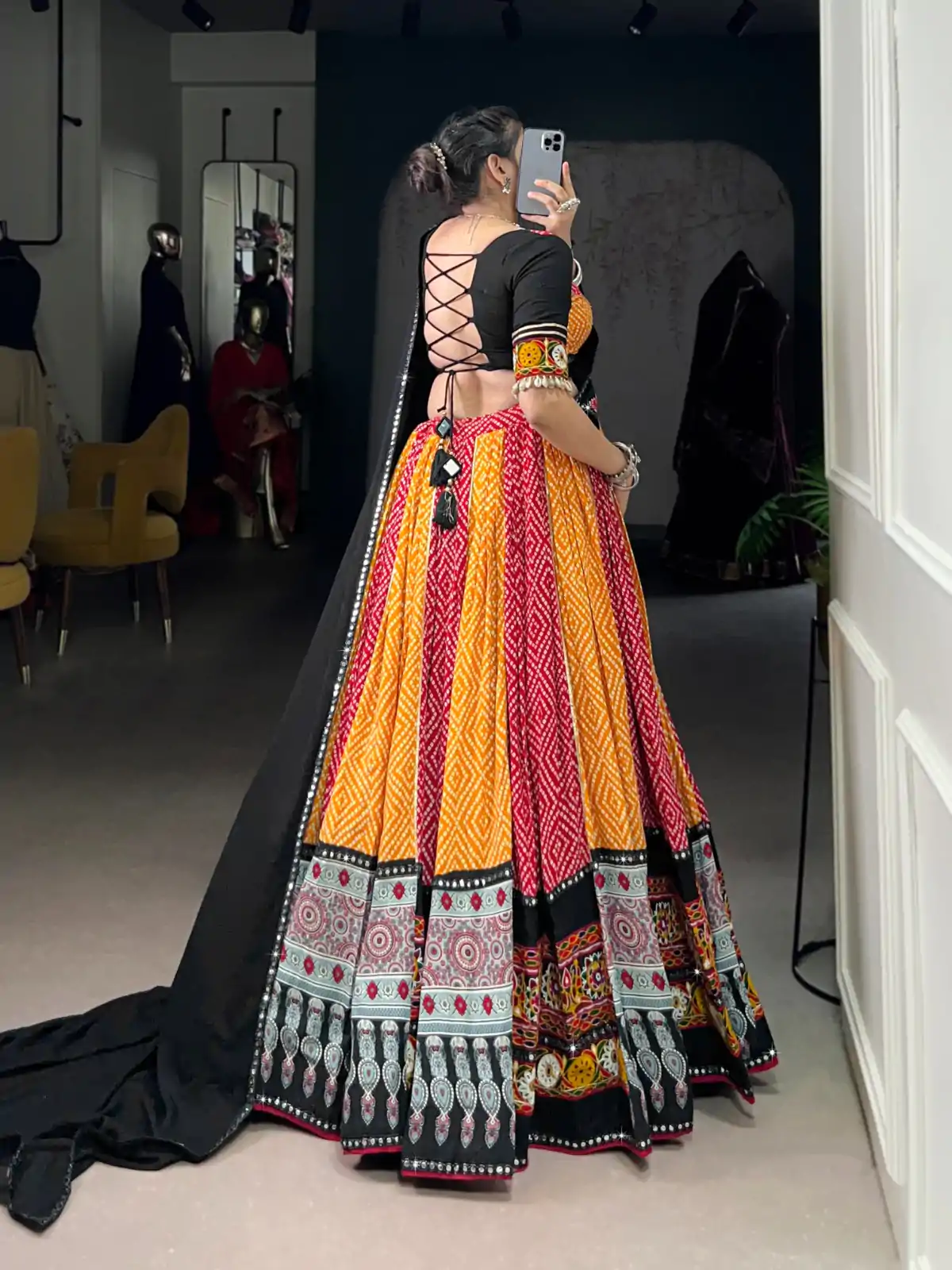 Yellow Rayon Printed Silk Work Lehenga Choli - Image 4