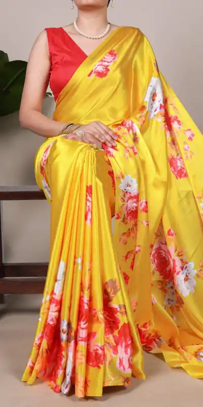 Yellow Satin Silk Printed Saree